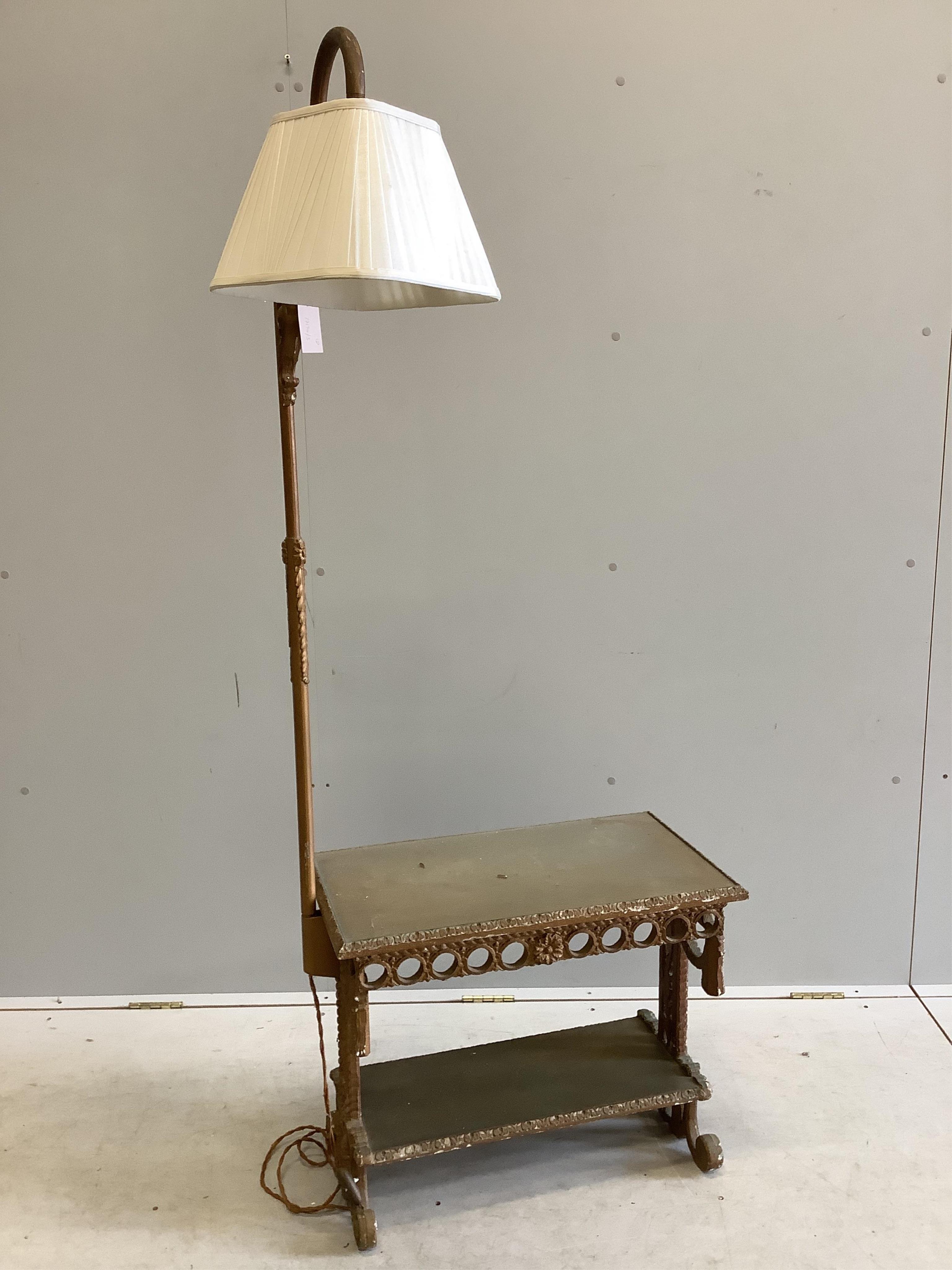 A rectangular gilt metal glass top coffee table, width 79cm, depth 46cm, height 40cm, together with a gilt composition two tier standard lamp table. Condition - poor to fair